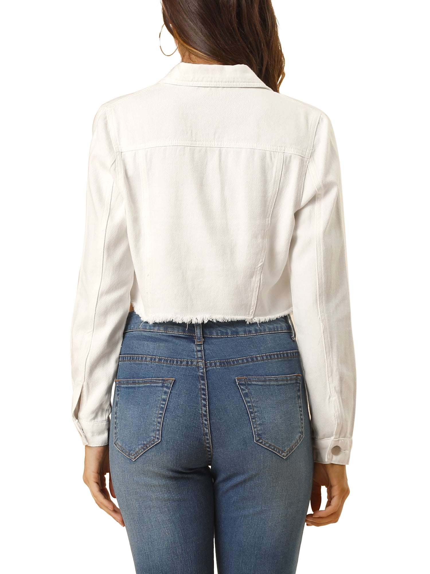 DARING DIVA Women's Frayed Button Up Washed Cropped Denim Jackets XS White