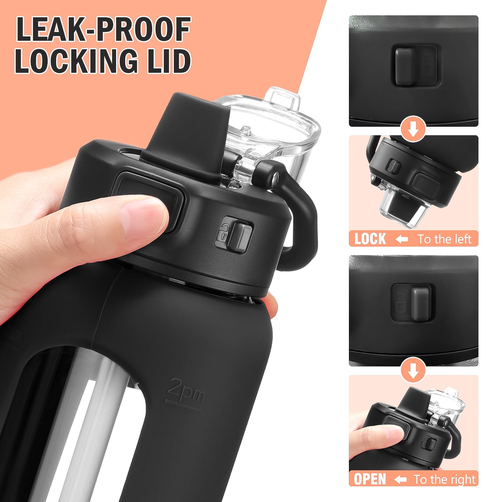 MUKOKO Water Bottle, 24oz Glass Drinking Bottle with Straw, Motivational Water Bottle with Leak Proof Locking Lid , Travel Sports Water Jug with Water Marker, Black
