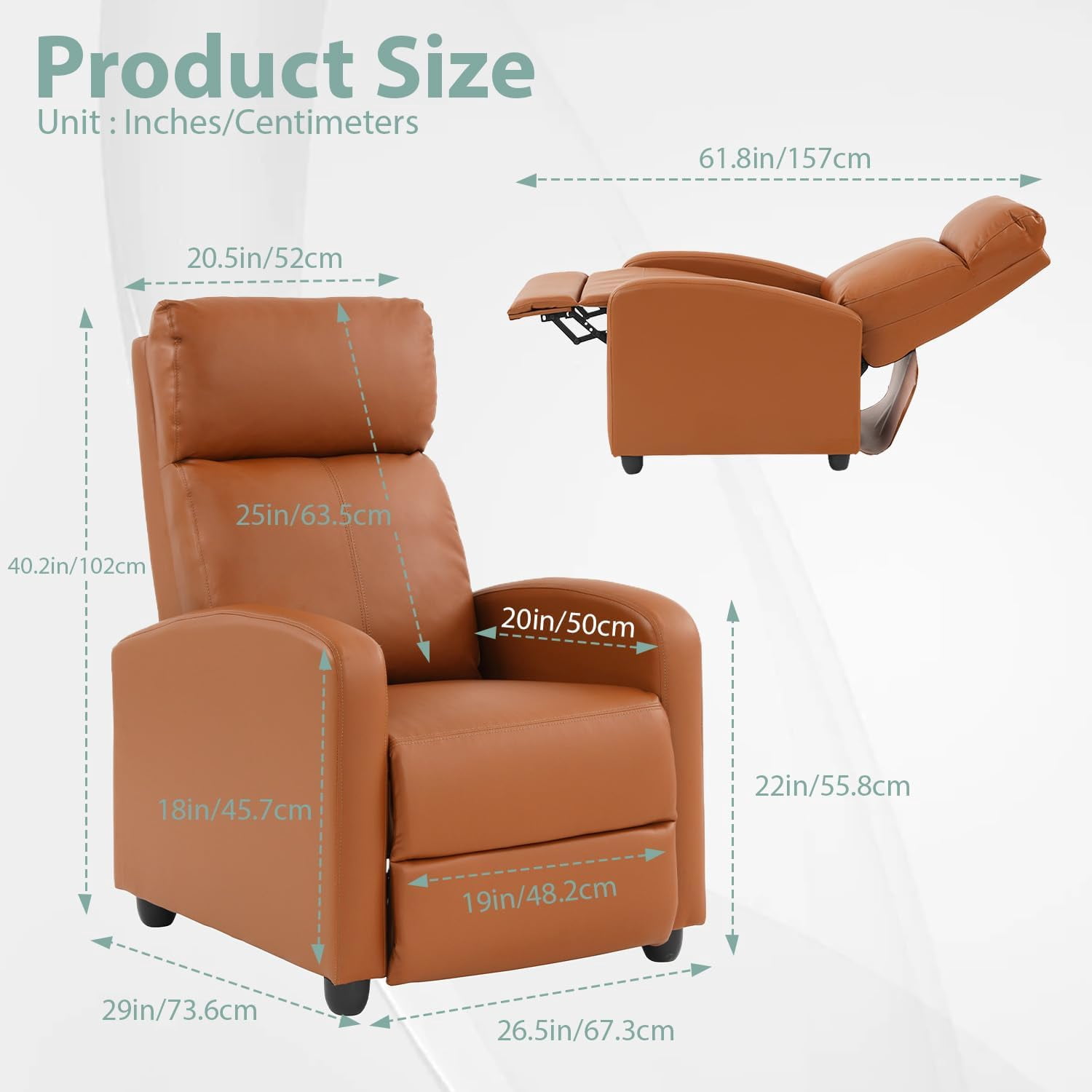 Recliner Chair Padded Seat Pu Leather Reclining Chairs for Living Room Adjustable Single Sofa with Footrest Home Theater Seating Modern Lazy Boy Recliner Sofa Reading Chair, Tan