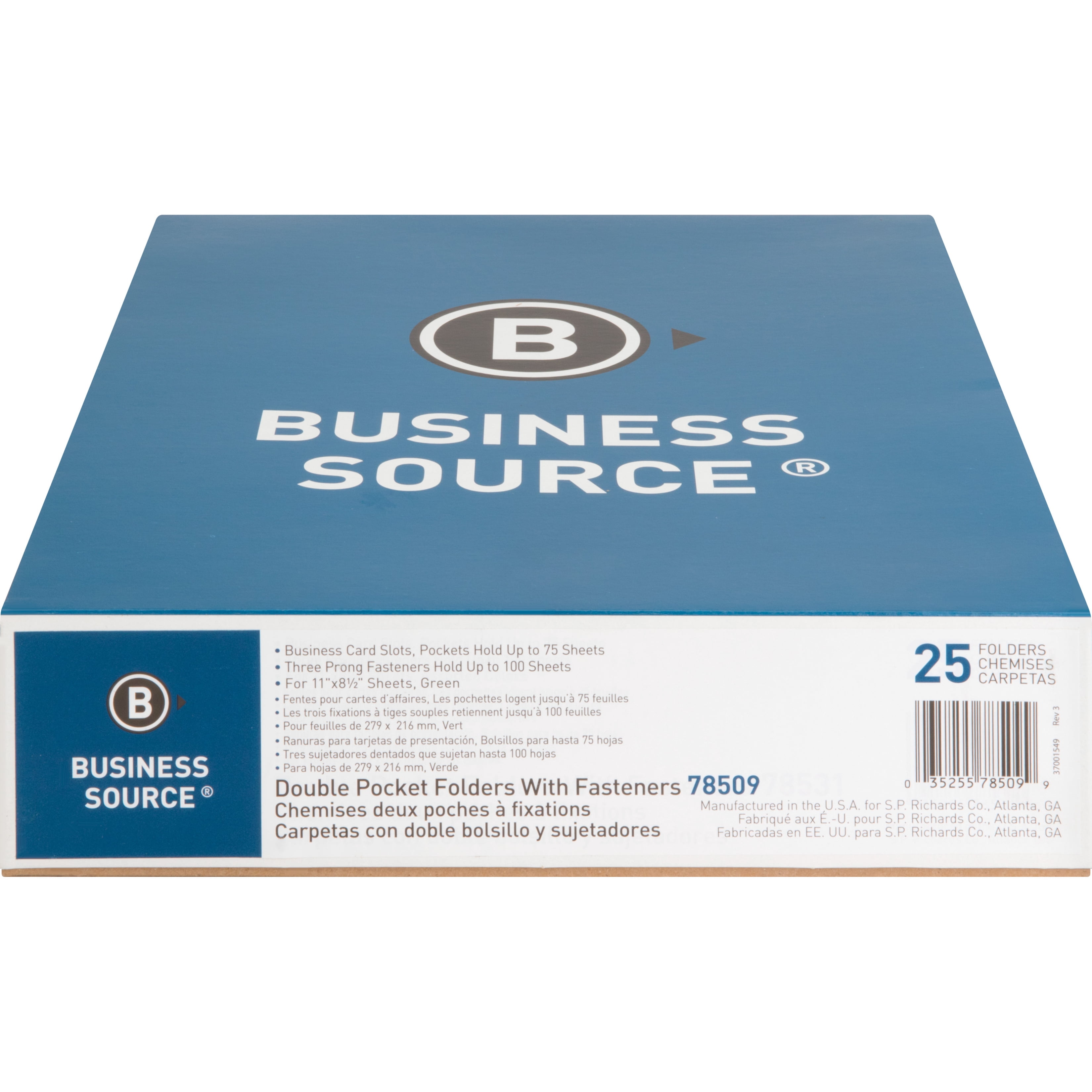 Business Source, BSN78509, Storage Pockets Fastener Folders, 25 / Box, Green