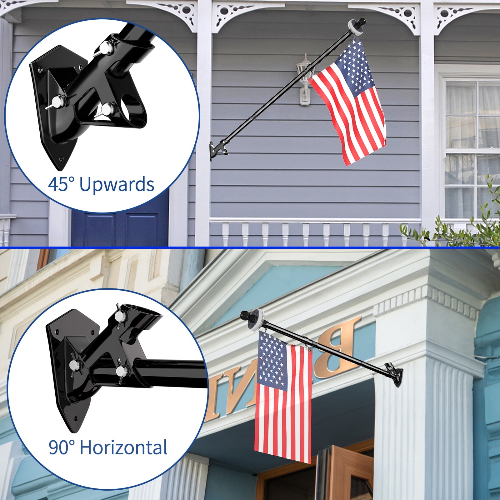 FIASON 1 Pack Black 5FT Wall-Mount Flag Pole with Solar Light for Outside House, Stainless Steel Tangle Free Flag Pole Kit with Bracket,Residential or Commerical for American Flag
