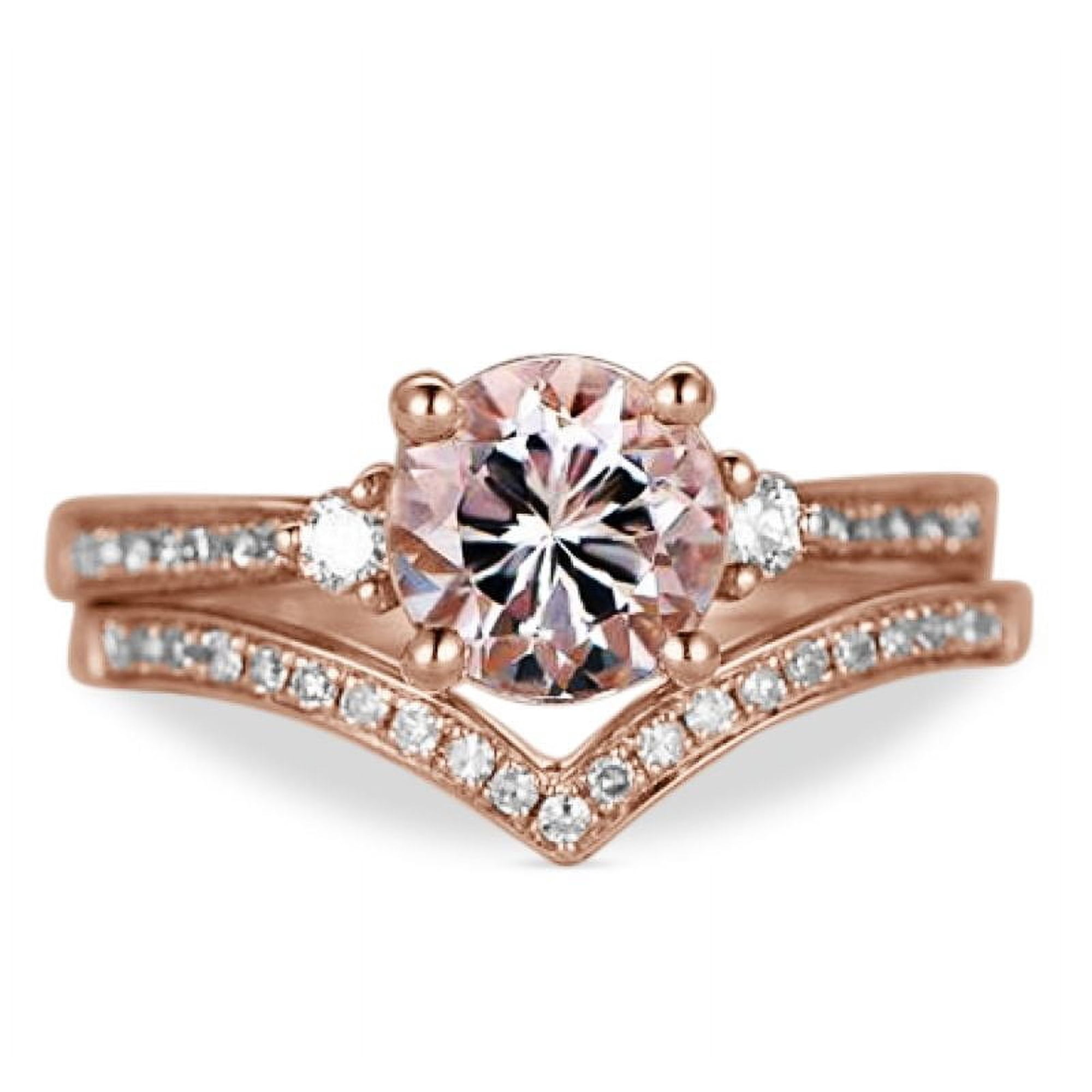 JeenMata Perfect 1.50 Carat Three Stone created morganite and Moissanite Wedding Ring Set in Rose Gold
