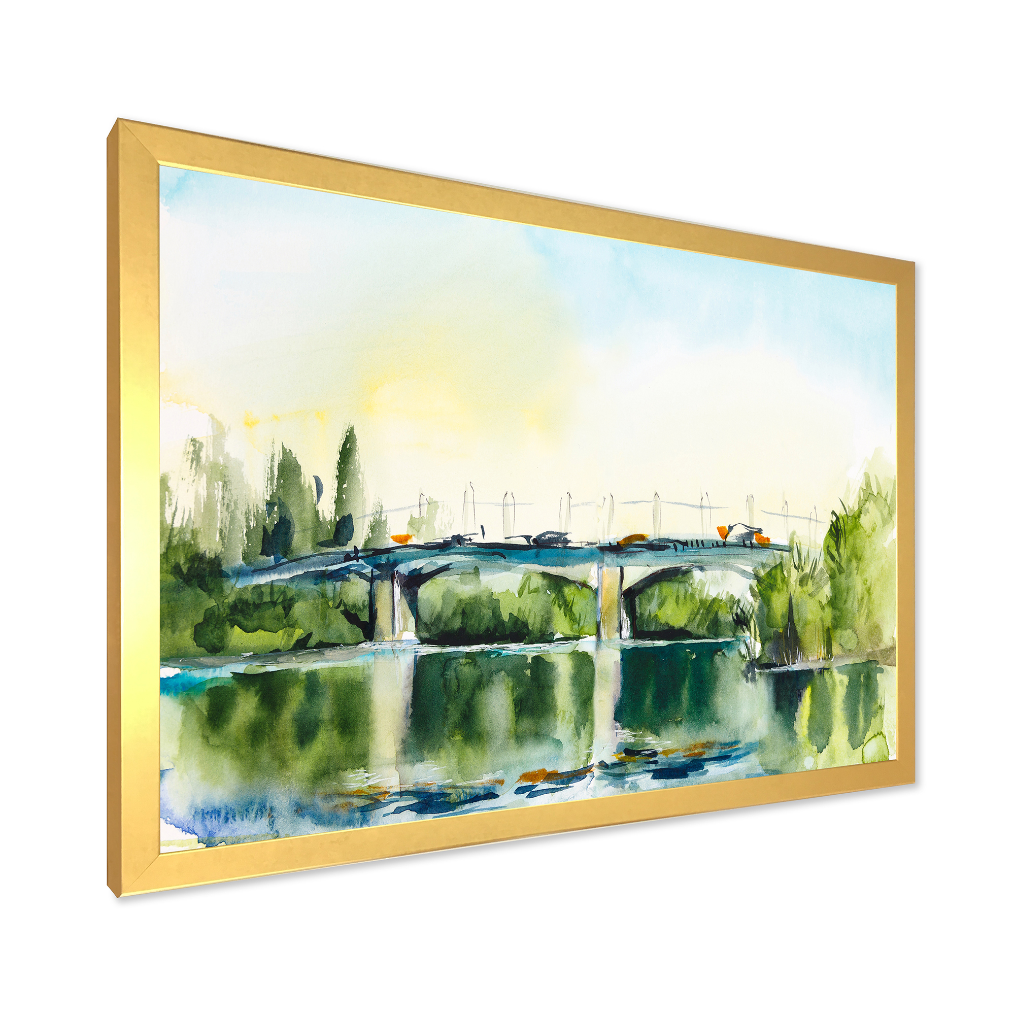 Designart 'Landscape With Old Bridge Over River In The Countryside' Traditional Framed Art Print
