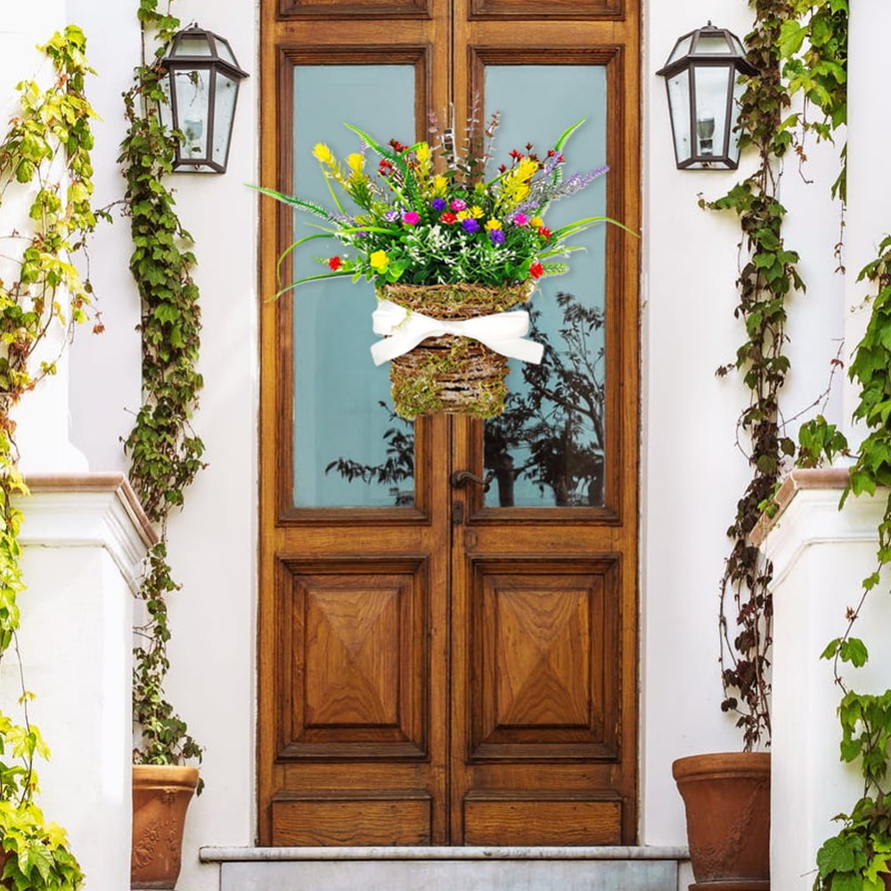 Wildflower Basket Wall Decor, Rustic Basket Wreath Front Door Wreath with Wildflower, for Home Wall Porch Farmhouse Spring Summer Holiday Decor, Indoor/Outdoor 15.7 X 11.8inch