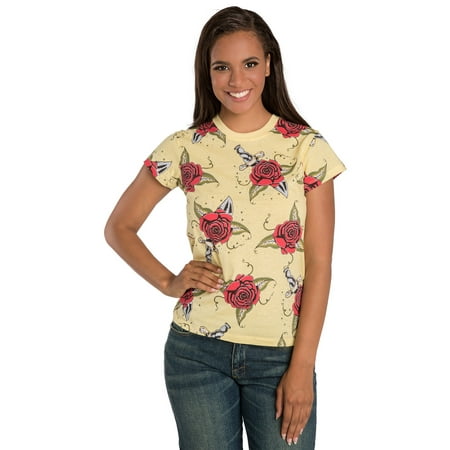 Jersey Print Shift - Sweet Vibes Junior Womens T-Shirt Stretch Jersey Tee Sunshine Rose Dagger Print