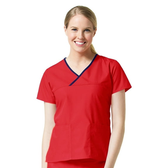 Core by Maevn Women's Y-Neck Mock Wrap Solid Scrub Top