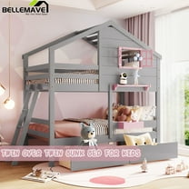 Bellemave Twin Over Twin House Bunk Bed with 2 Drawers,1 Storage Box and 1 Shelf,Window and Roof,Wooden House Bunk Bed Frame,Gray