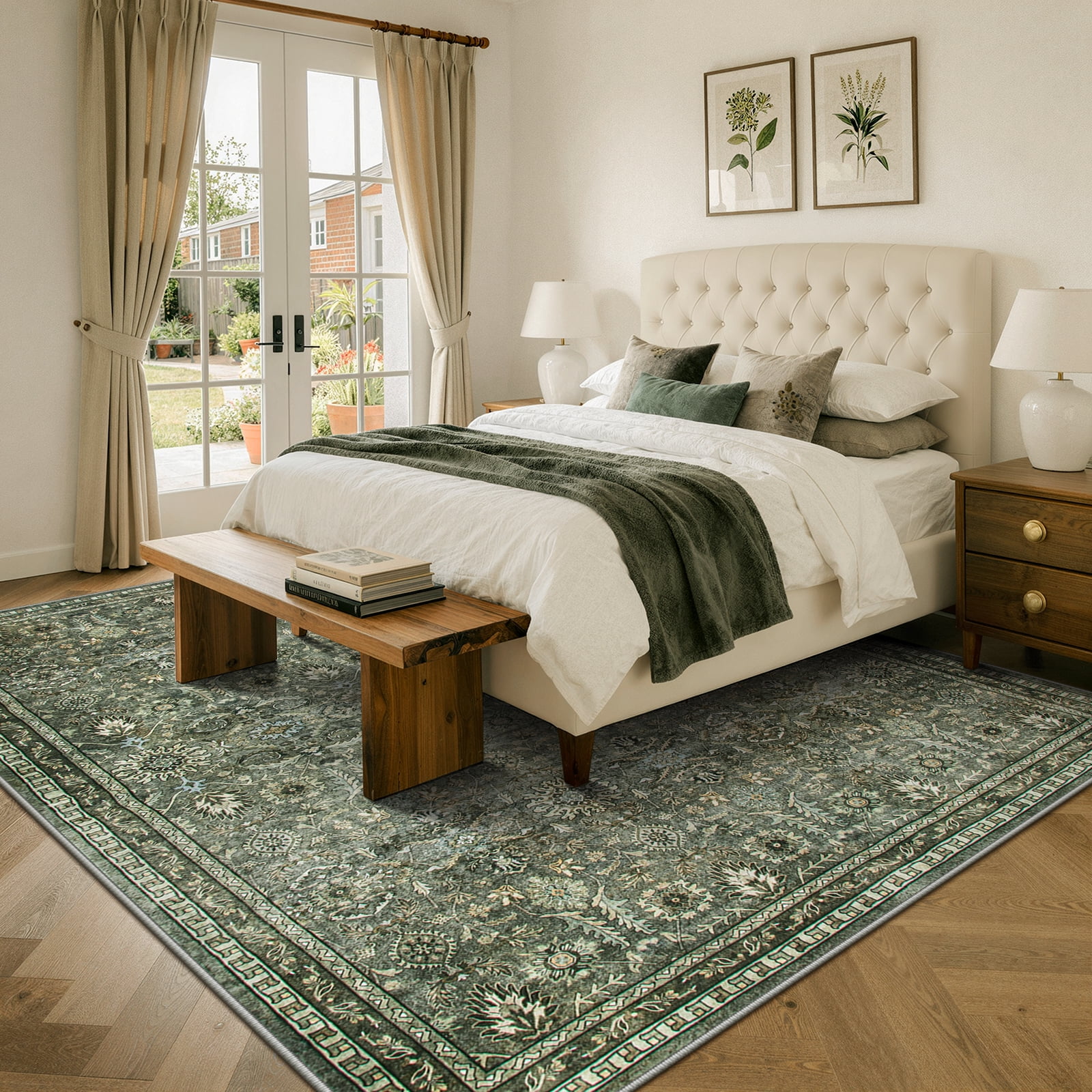 Lahome Green 8x10 Rugs for Living Room, Vintage Boho Washable Large Bedroom Area Rug, Non Slip Floral Mat Soft Low Pile Carpet for Dining Room Farmhouse Office