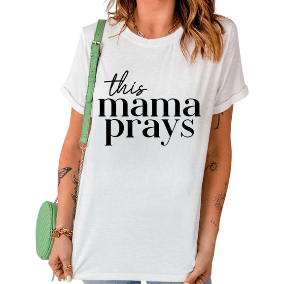 UNISHE Women's This Mama Prays Christian Graphic Short Sleeve T-Shirt Lightweight Cotton Relaxed Fit Mom Faith Tee