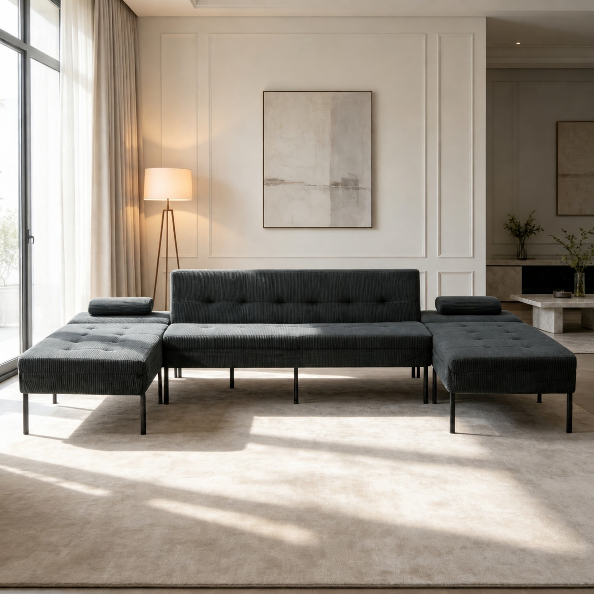 BSHTI 117.13" Soft Corduroy U-Shaped Sectional Sofa Bed with 5-Position Backrest, Comfy Couch for Living Room（Dark Gray）