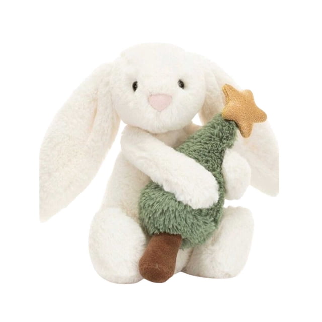 jellycat bashful bunny toys jellycat white bunny cherry stuffed toy front-facing plush white bunny with long floppy ears seated on white background holding a green plush tree with a gold star, embroidered black eyes and pink embroidered nose, soft short-pile plush fabric; ideal peluche para bebé y decoración de cuarto.