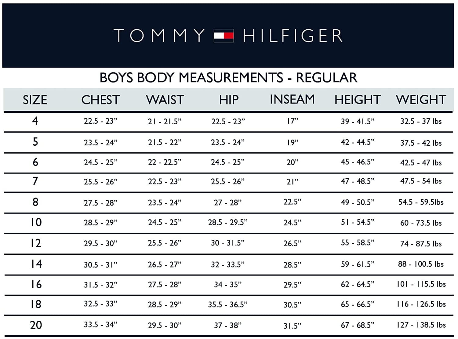 tommy hilfiger children's size chart