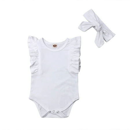 - Baby Girls Sleeveless Ruffle Romper Plain Bodysuit Jumpsuit with Headband Summer Clothes