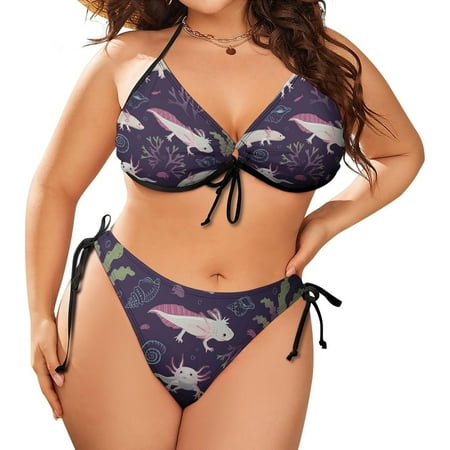Women Axolotls and Algae Leaves Plus Size String Triangle Bikini Set Adjustable Halter Side Tie Swimsuit