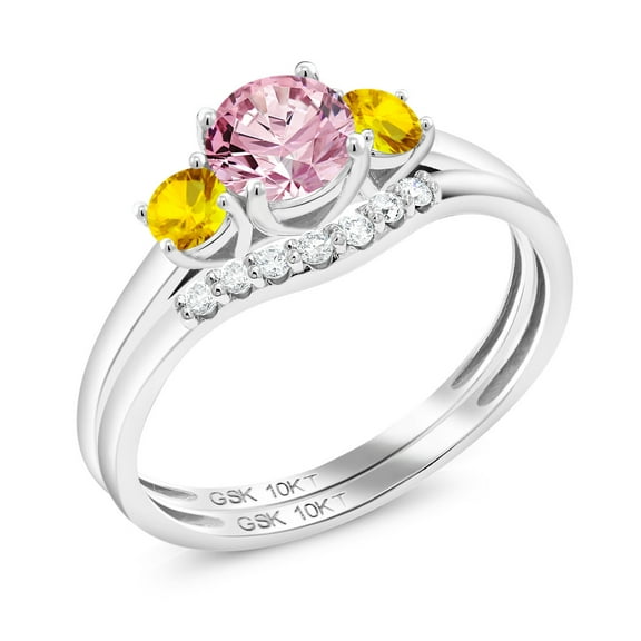 Gem Stone King 10K White Gold Pink Lab Grown Diamond and Yellow Sapphire and Lab Grown Diamond Bridal-Sets Ring for Women | 0.83 Cttw | Round 5MM | Gemstone April Birthstone | Size 5