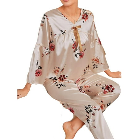 

2pcs Set Elegant Floral Print V neck PJ Pant Sets Long Sleeve Apricot Women s Pajama Sets (Women s)