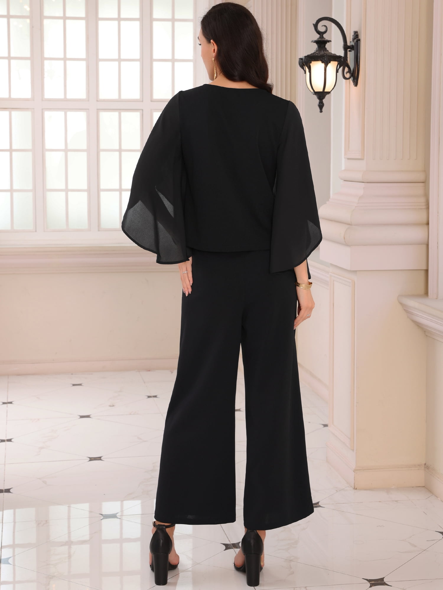 DARING DIVA Women's Dressy Pantsuits Wedding 2 Piece Sets Formal Chiffon Top M Black
