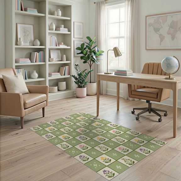 ODIKA 4'x6' Green Sage Cottage Botanical Wildflower Washable Area Rug Delicate Scattered Floral Branch Pattern Pet Friendly, Non-Shedding for Bedroom, Reading Nook