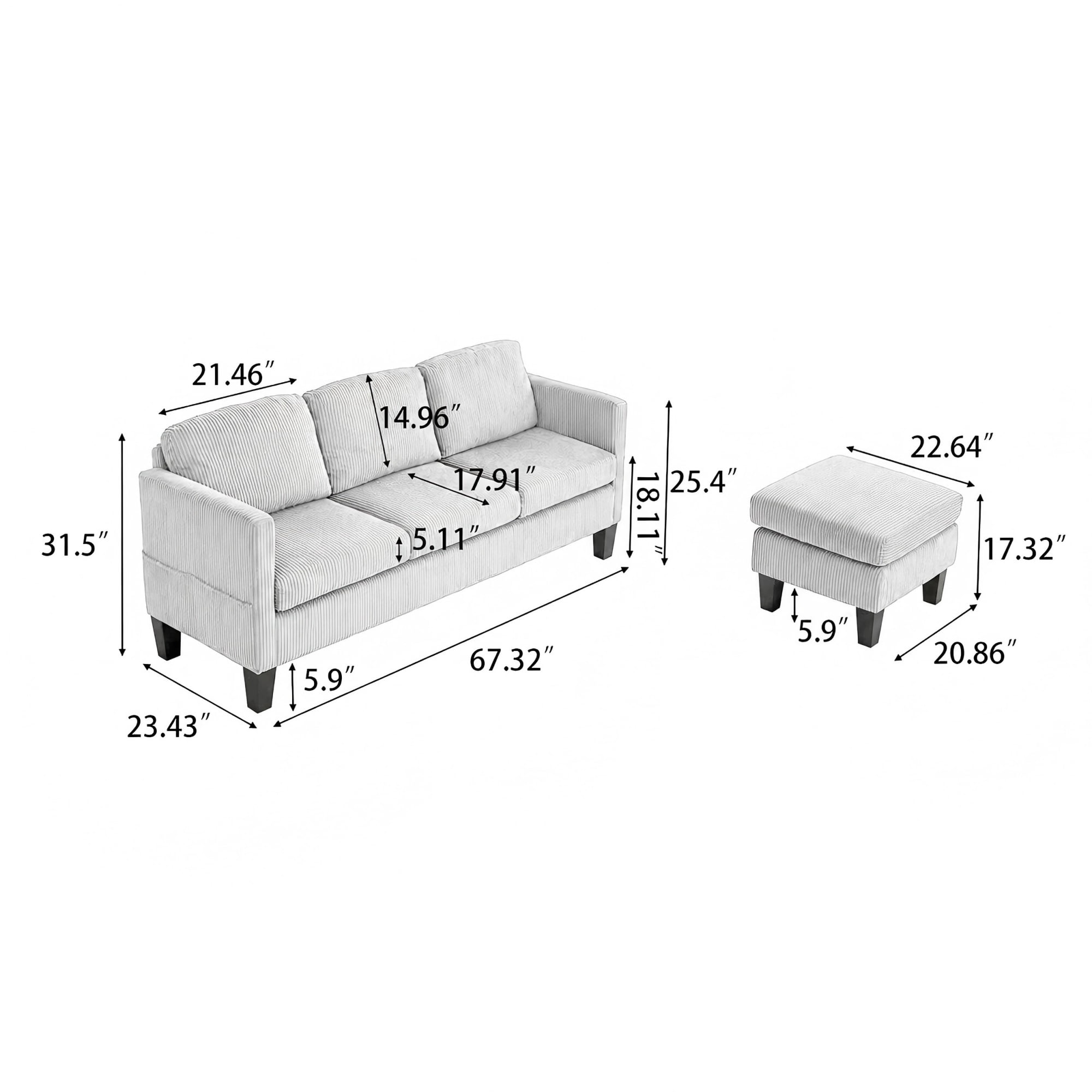 BSHTI 88.18" Corduroy L-Shaped Sectional Sofa with Memory Foam, Storage Chaise, Square Arms for Living Room（Off-White）