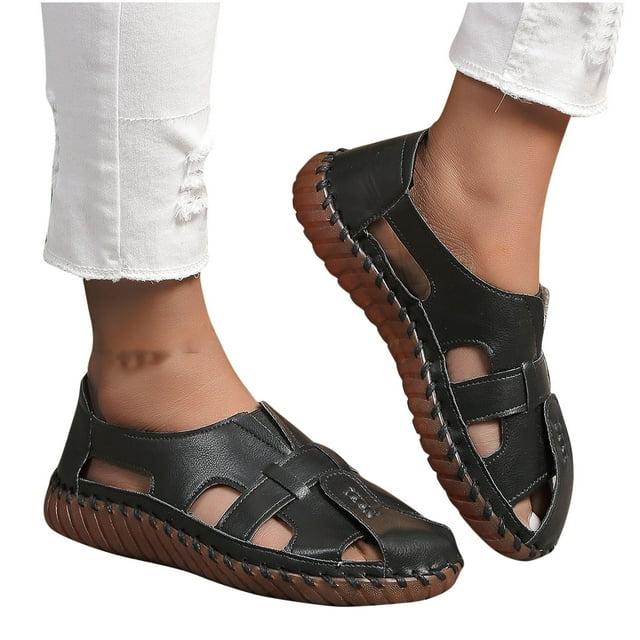WIZUTIZ Sandales Plates pour Femmes Sandales Confortables Élastiques de Plage Sandales à Enfiler Bout Rond Chaussures d'Été Talon Plat (O"-1) Larges Sandales Solides Économies de Week-End Noir