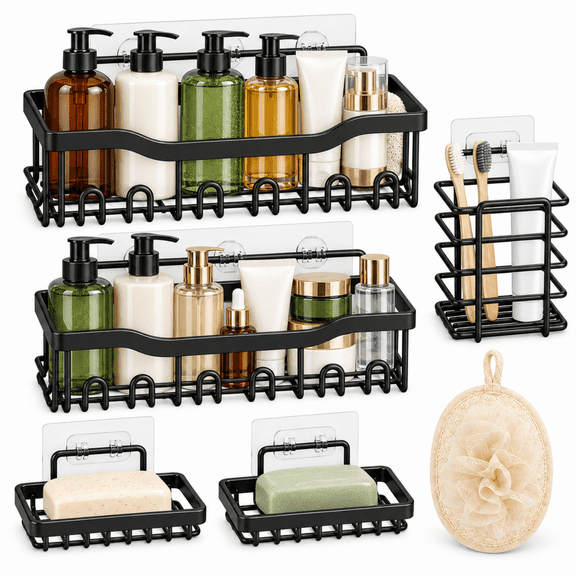 QOPR 5-Pack Shower Caddy, Adhesive Shower Shelves with Loofah Sponge Gift, Black Shower Organizer for Bathroom Storage, No Drilling Bathroom Organizer Set