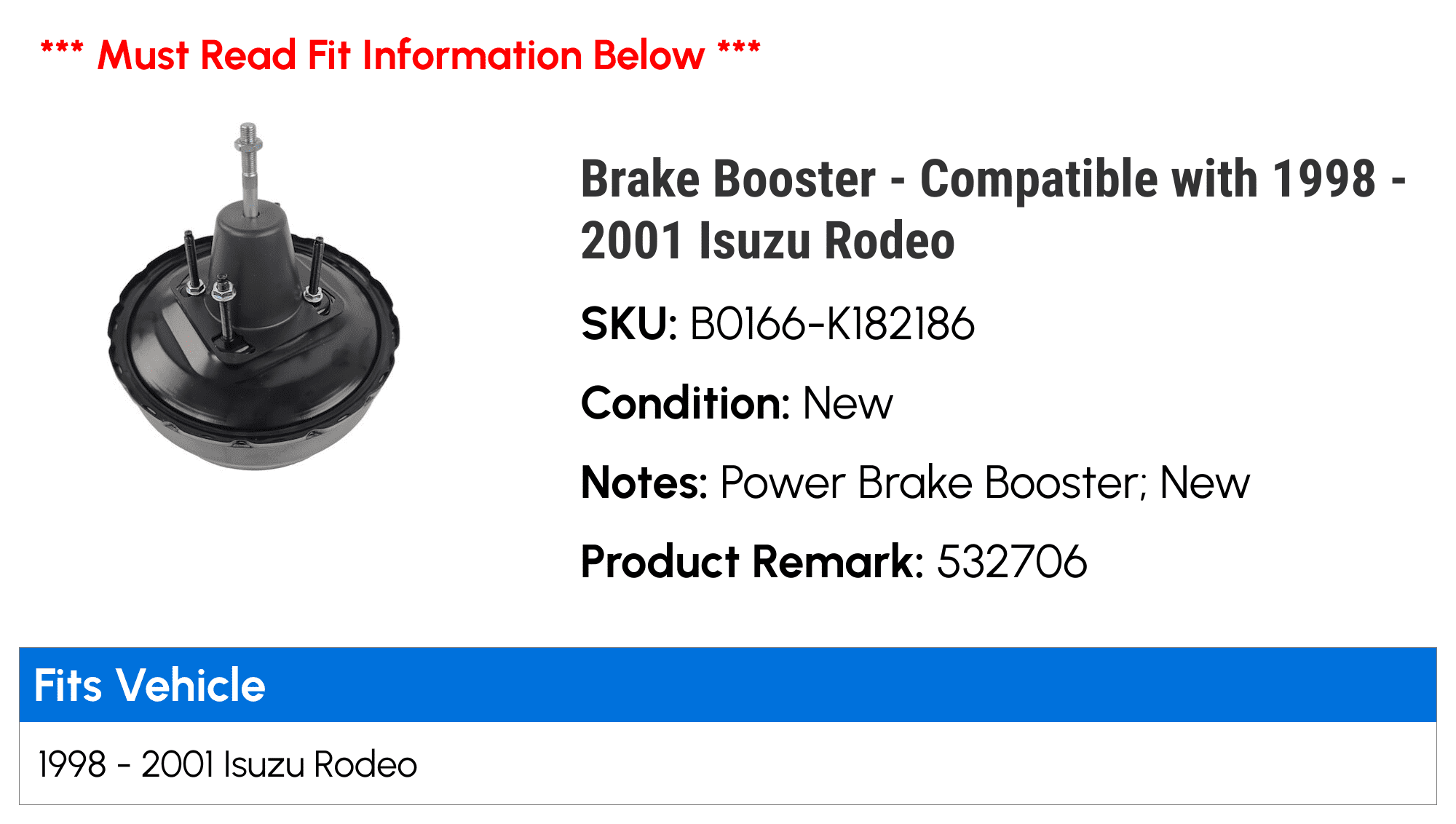 Brake Booster - Compatible with 1998 - 2001 Isuzu Rodeo 1999 2000