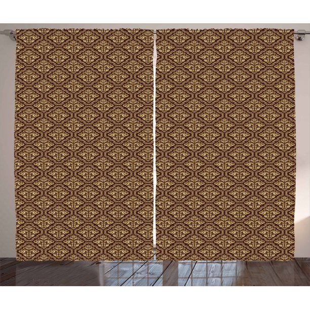 Yellow Damask Curtains 2 Panels Set Baroque Style Floral In Symmetrical Geometric Frames Window Drapes For Living Room Bedroom 108w X 84l Inches Brown Earth Yellow And Pale Yellow By Ambesonne
