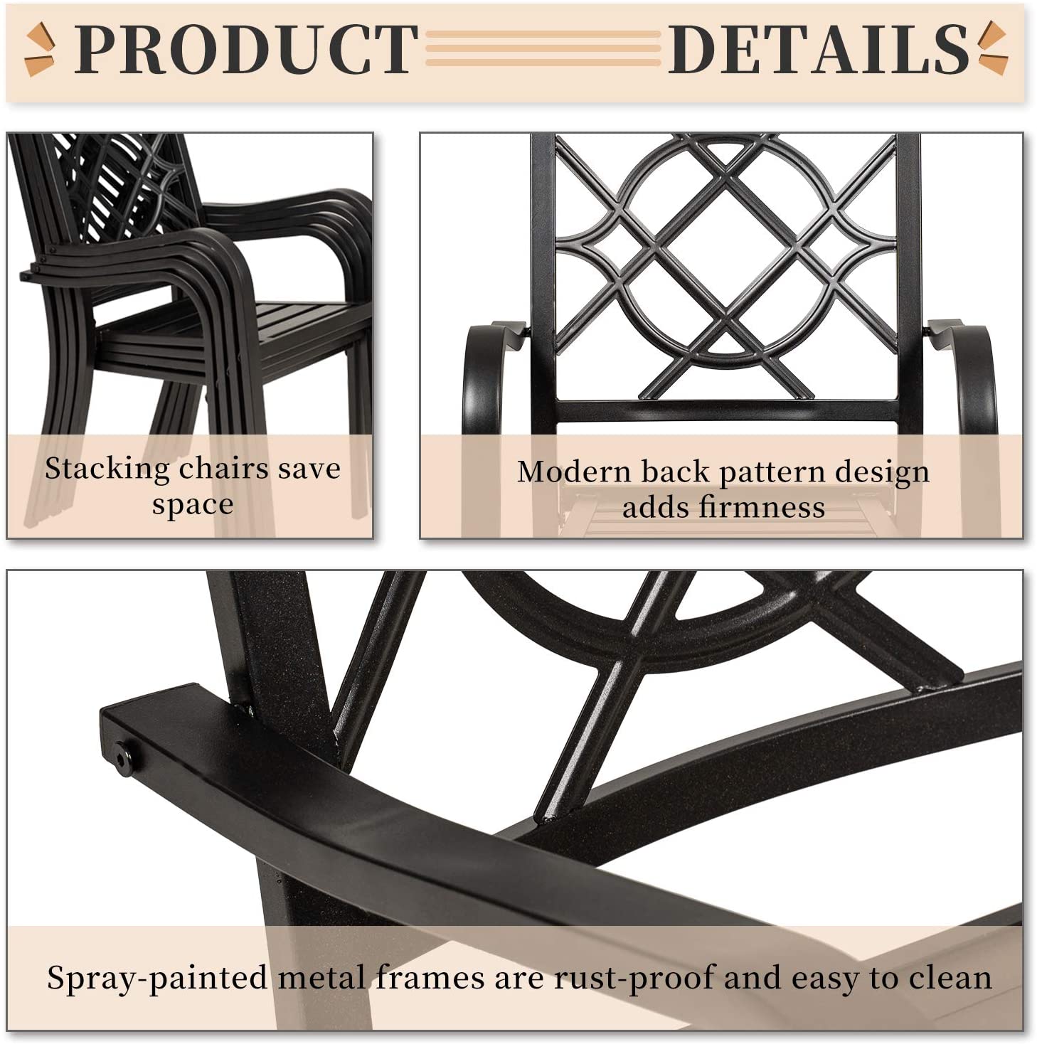 SOLAURA Outdoor Patio Stackable Wrought Iron Dining Chairs Set of 4- Black - image 4 of 7