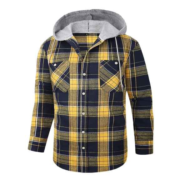 WREESH Fashion Jacket Men Button Casual Hooded Thicken Lattice Long Sleeve with Pocket Jacket Yellow