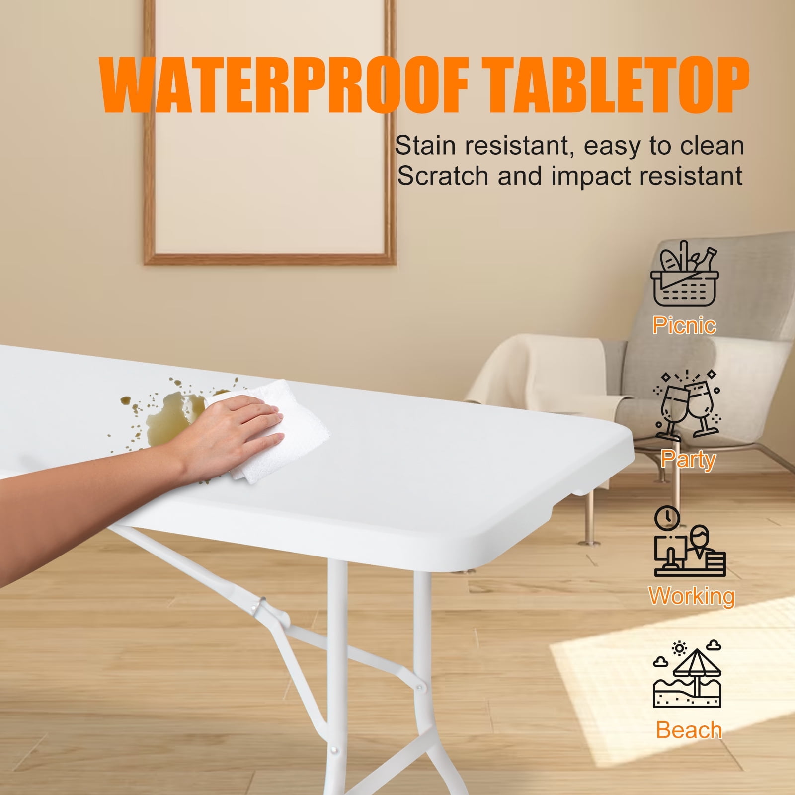 8 Foot Folding Table,Outdoor Folding Table,Bi-Fold,Outdoor Table for Picnic Party Dining Camp,White