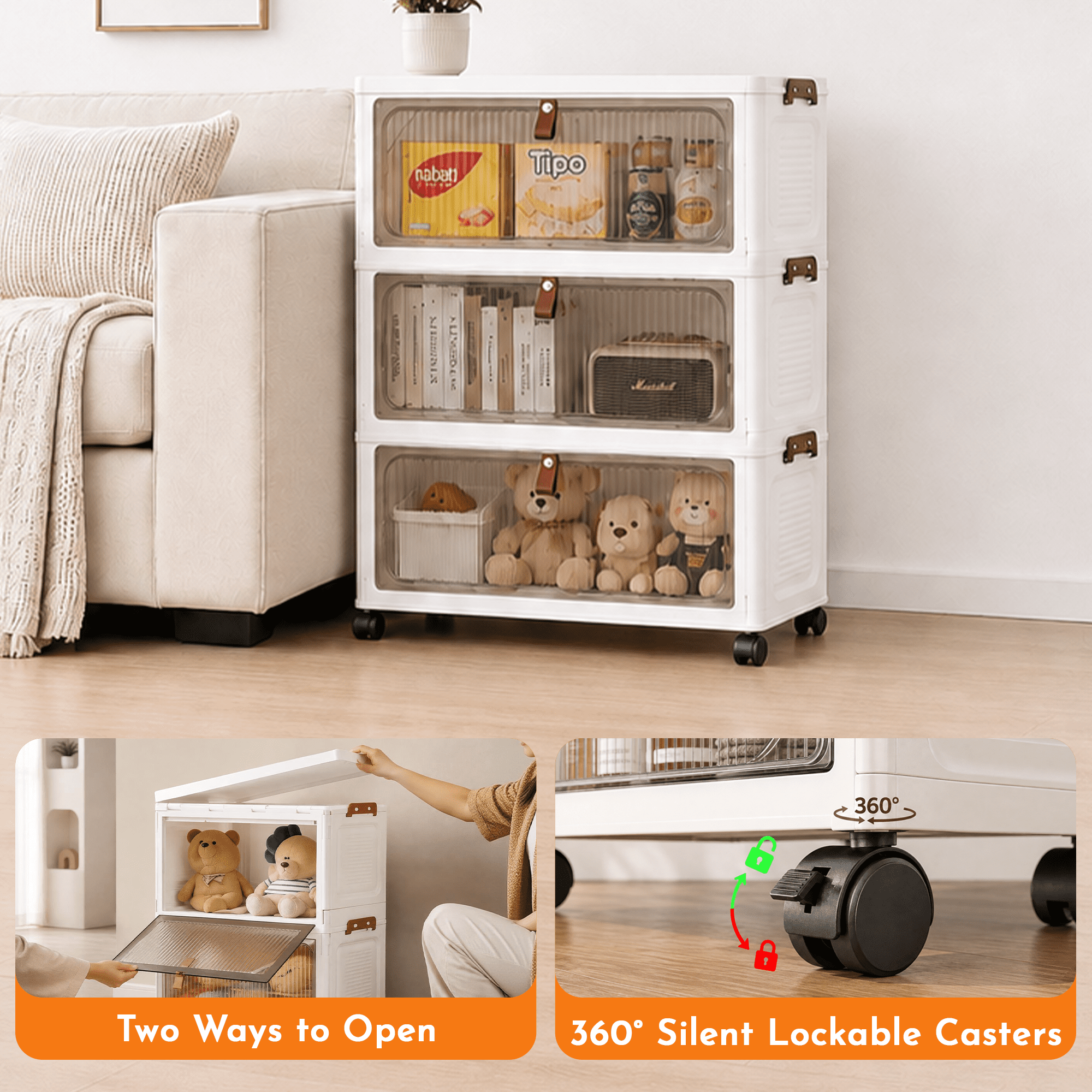 5 Tier Foldable Storage Cabinet with Wheels & Magnetic Doors, 115 QT Stackable Plastic Storage Bins, Dust-Proof Storage Organizer for Bedroom Living Room Dorm