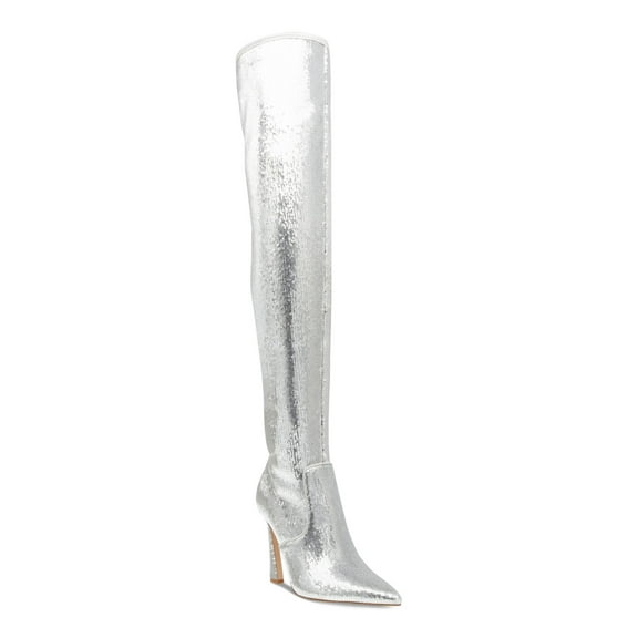STEVE MADDEN Womens Silver Sequined Metallic Padded Laddy Pointed Toe Flare Zip-Up Dress Boots 6 M