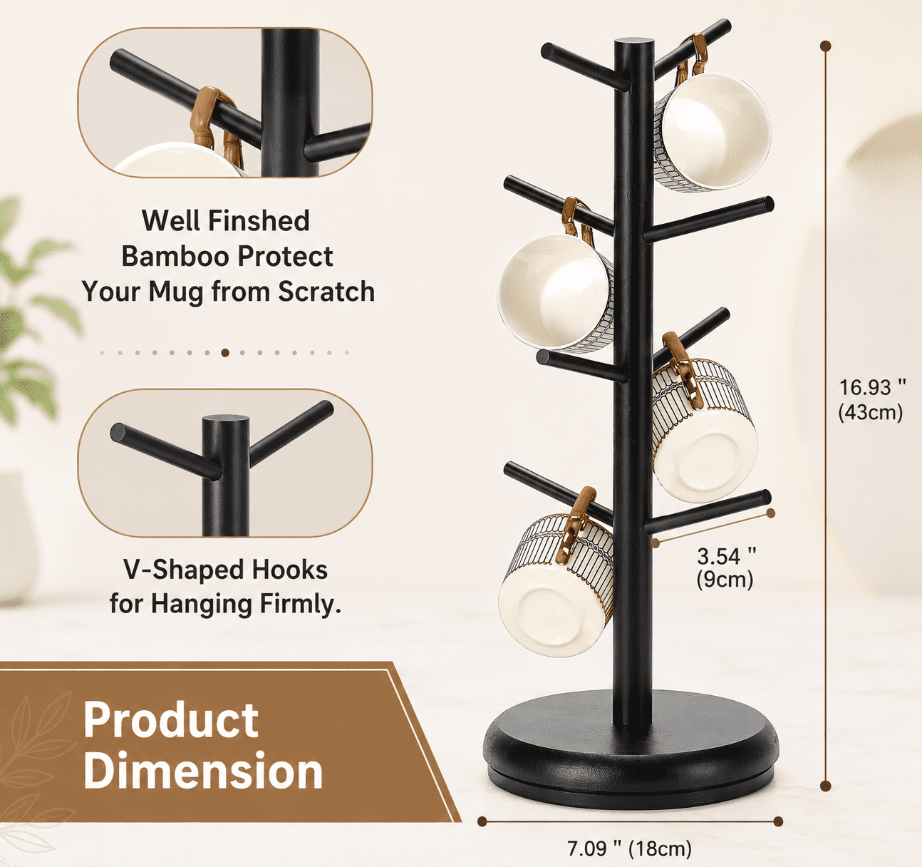 Bamboohomie Mug Tree, Coffee Cup Holder for Countertop, Rotating Coffee Mug Tree Stand with 8 Hooks, Black