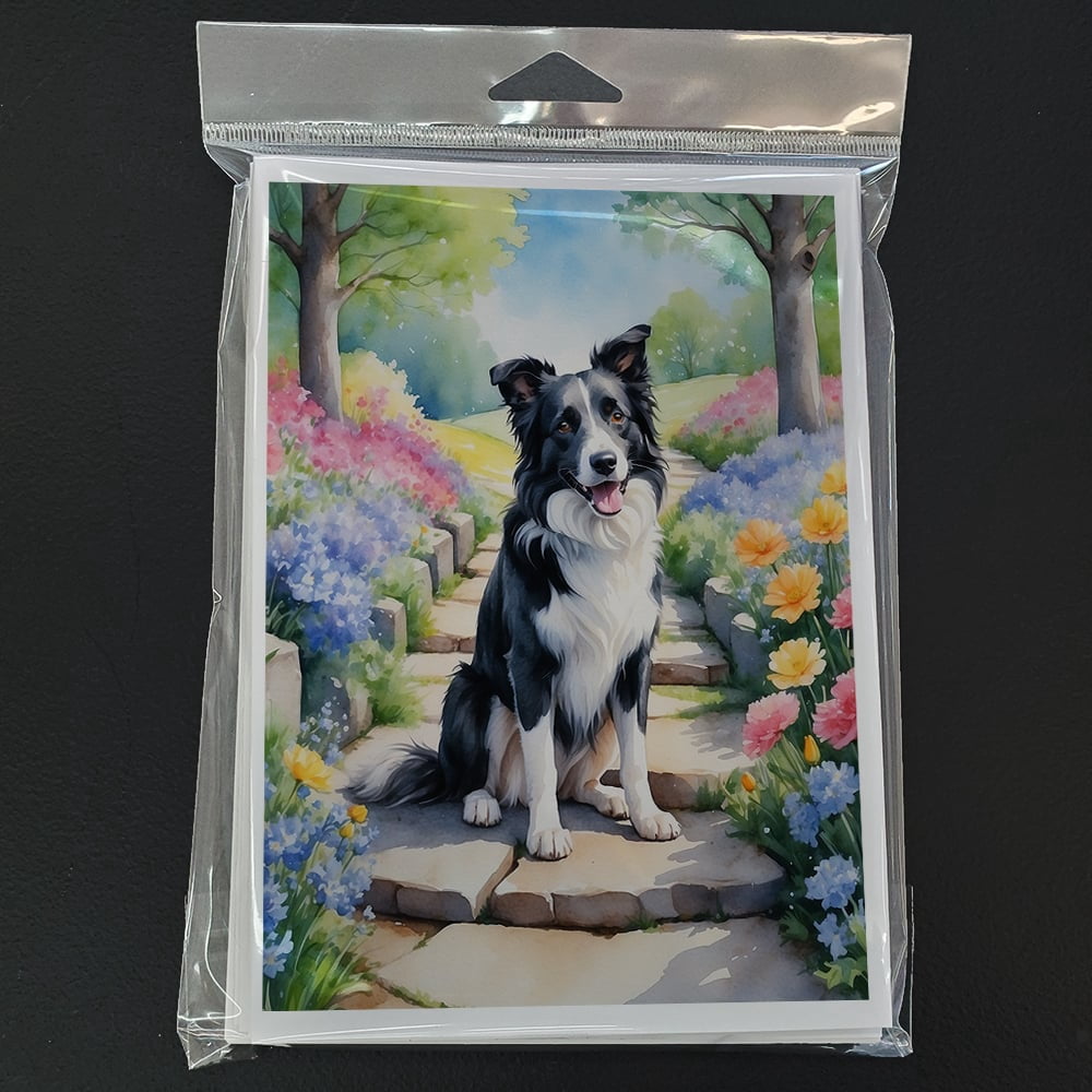 Border Collie Spring Path Greeting Cards Pack of 8 7 in x 5 in