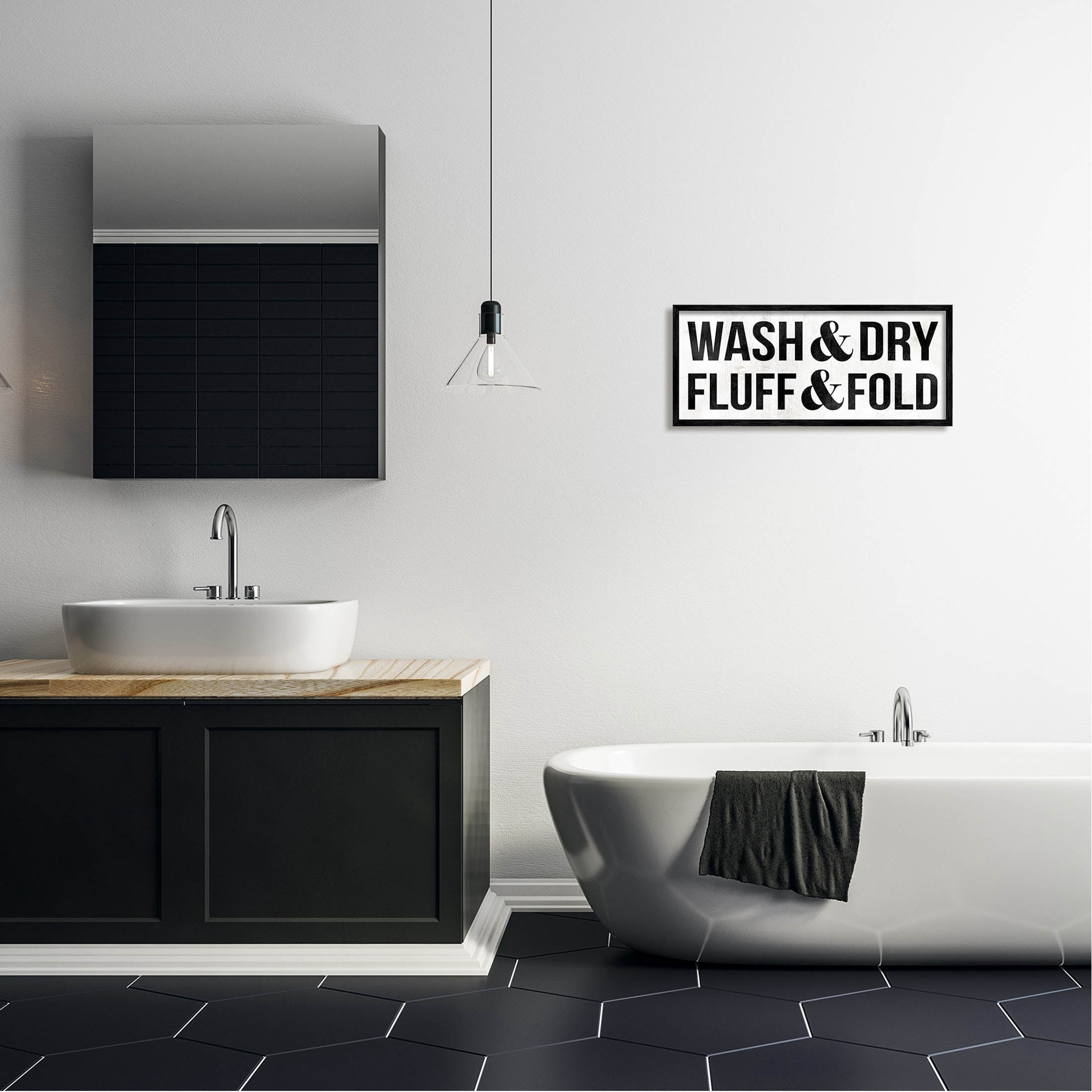 Wash Dry Fluff Fold Laundry Sign Typography Graphic Art Black Framed Art Print Wall Art