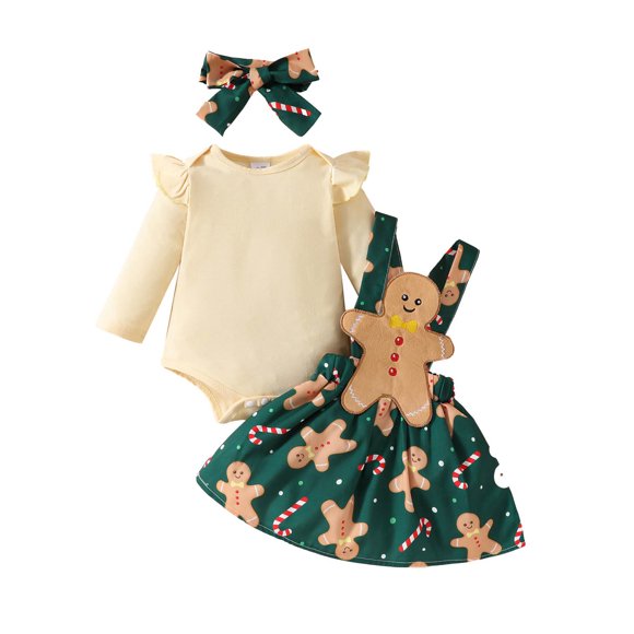 Hansber Costume de Fête à Thème de Noël pour Bébé Fille, Combinaison à Manches Longues et Ensemble Robe à Bretelles avec Bandeau Vert 9-12 m