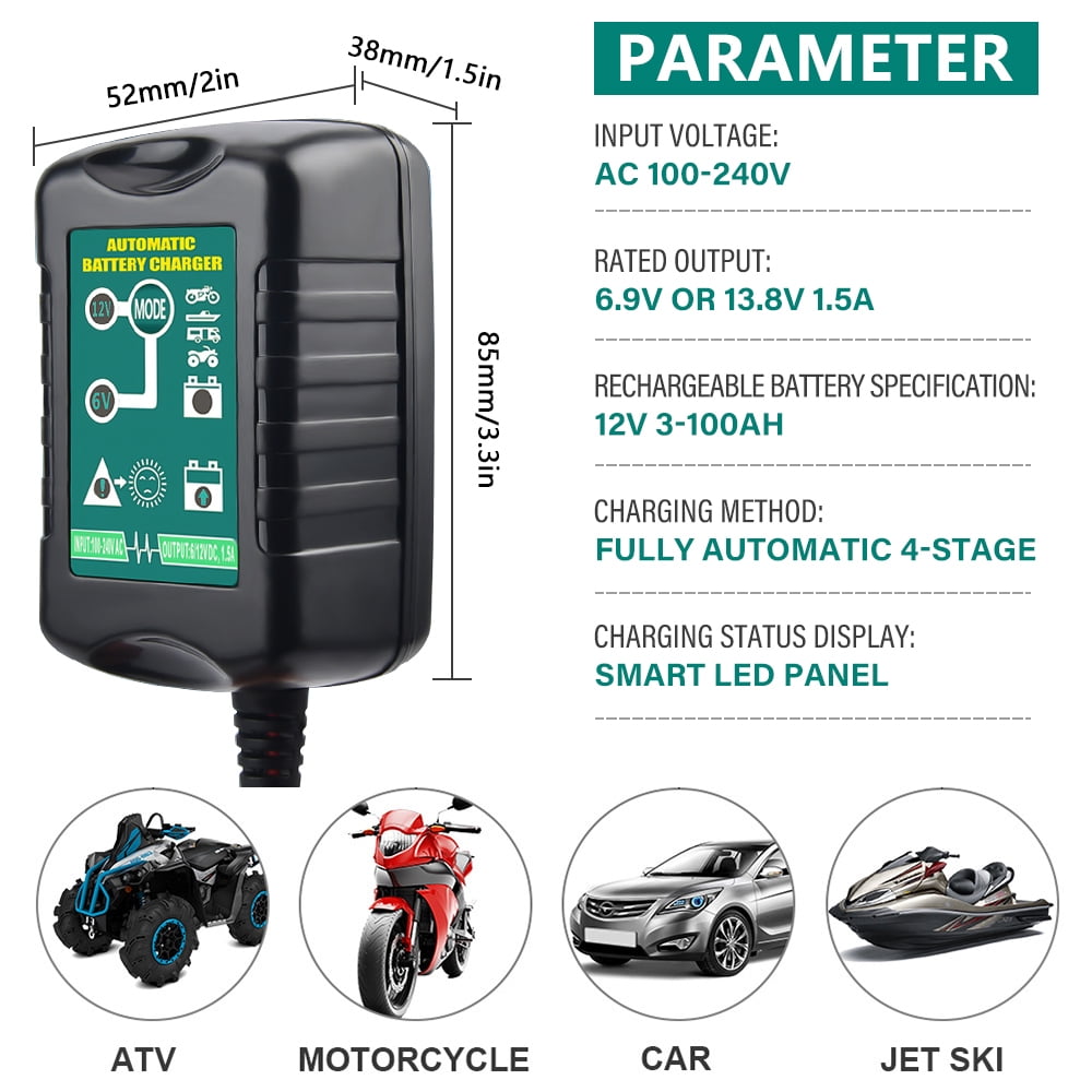 Welan 12V/6V Smart Battery Tender, 1.5A Battery Charger and Maintainer, Trickle Charger for Car Motorcycle