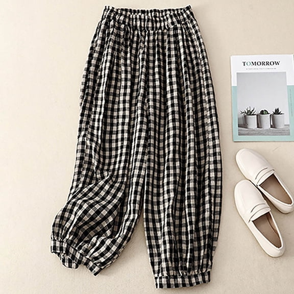 Women's Soft Cotton Linen Blend Straight Leg Wide Leg Pants, Mid Elastic Waist Tummy Control Paper Bag Style, Breathable Summer Casual Tapered Trousers, Office Daily | TruBelle,Black L