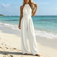 thumbnail image 2 of Womens Solid Color Halter Sleeveless Waist-Cinched Jumpsuit Zip Closure Wide Leg Long Romper with Side Pockets for Casual Party Wear White S(S), 2 of 7