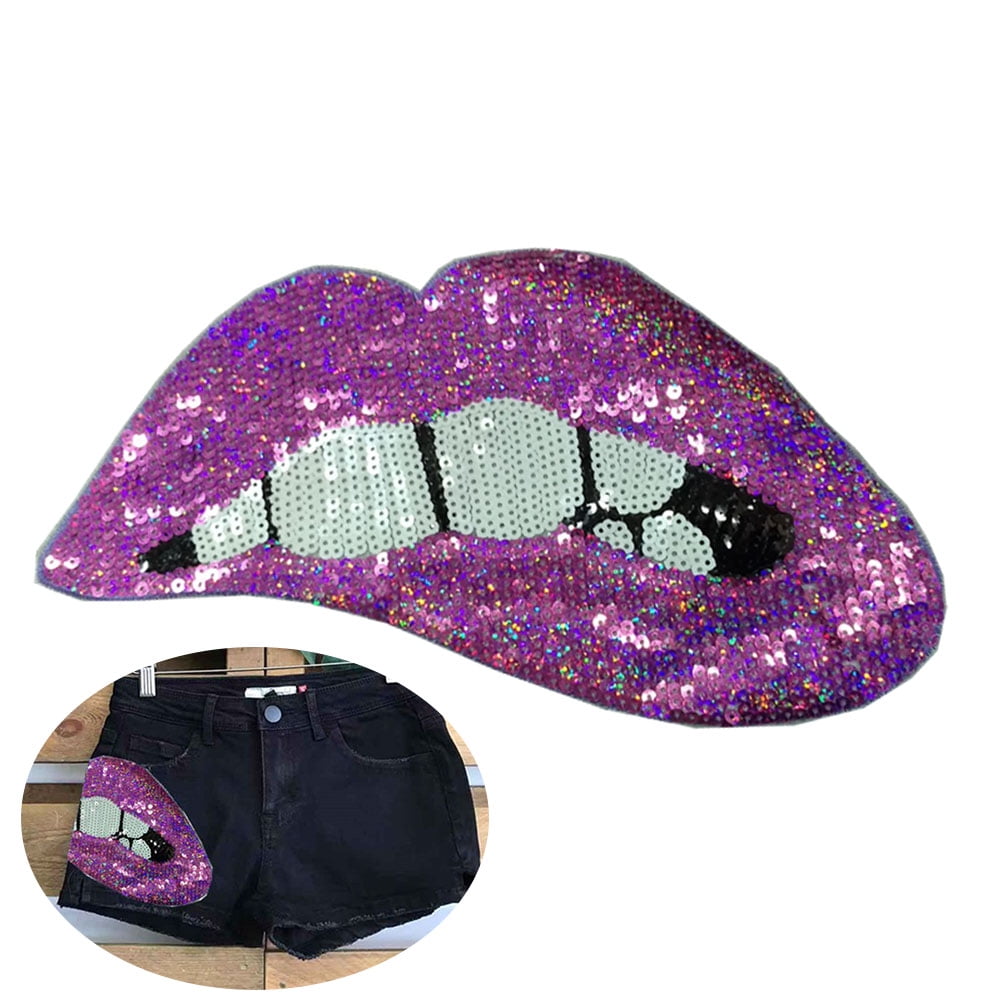 Ysleen 16 Pieces Purple Sequin Iron on Patches DIY Embroidered Patch Sequin  Applique Lip Lipstick Patch Decoration Clothing Jeans Bag Sew on Repair