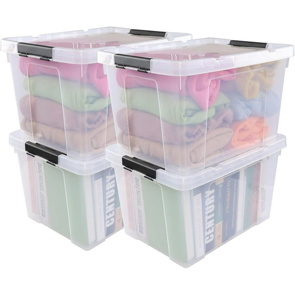 Sandmovie 40 Quart Clear Large Plastic Storage Bin, Latching Storage Box with Lids and Wheels, Pack of 4