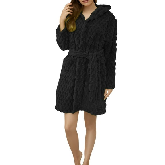 Bath Robe Women's, Hugcore Plush Absorbency Robe for Women Extra Long Fleece Bathrobe with Hood & Pockets | Warm Cloth Loungewear Robes for Women Black L