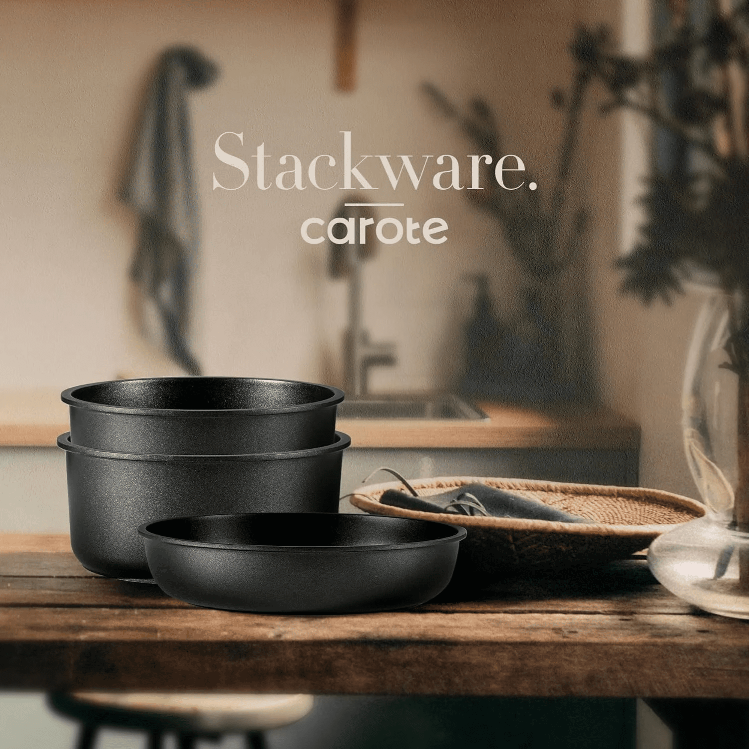 Carote 15 Pcs Nonstick Cookware Sets, Granite Non Stick Pots and Pans with Removable Handles, Oven Safe, Induction Compatible, Black