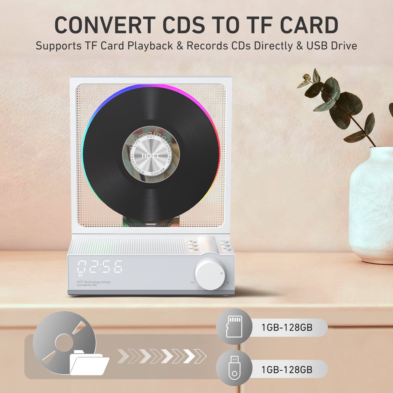 HOTT Portable Desktop CD Player with Bluetooth 5.3, HiFi Speakers, RGB Lights, Supports TF Card, USB, Transcription, LED Screen, Timer cd Players for Home(Gray)
