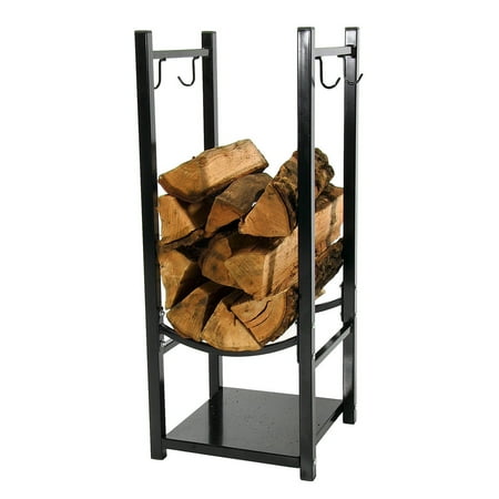 Sunnydaze Indoor/Outdoor Steel Fire Pit or Fireplace Firewood Log Rack Holder with Hooks - 32  - Black