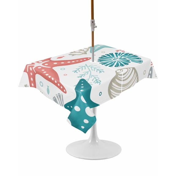 Outdoor Table Cloth with Umbrella Hole and Zipper,Red Teal Starfish Coastal Waterproof Rectangle Tablecloth 60"x84",Summer Beach Nautical Coral Sea Washable Table Cover for Outside Party Patio Picnic