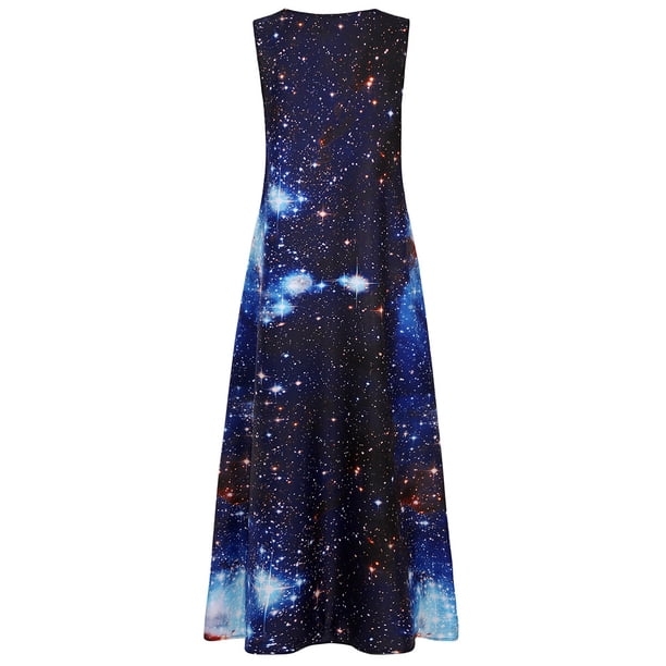 Sonducket Vestido de mujer Estampado estrellado Ropa de verano Algodón Sin mangas Estampado maxi Vestido de verano Vestidos negro XL