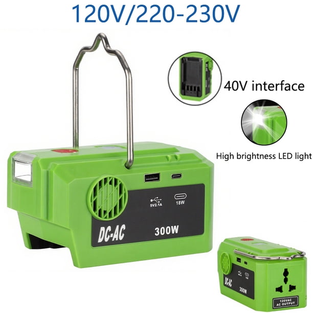 Power Adaptador Inversor 120V/220-230V para Batería Green*Works GLB 40V con Luz de Trabajo LED Salida USB Tipo C Suministro de Emergencia Power