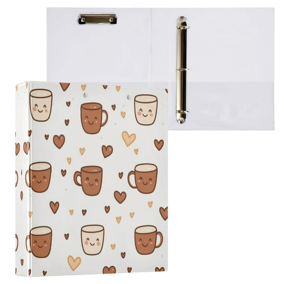 Cute Coffee Cup Pattern 3 Ring Hardcover Binders 1.5in Round Rings for Letter-Size Folder Paper Organizer Pockets for Office Student Recipe