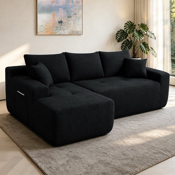 85" Cloud Sectional Sofa Couch with L-Shape Chaise, 3 Seat Modern Modular Cotton Linen Sofa Couches with Deep Seat and Upholstered for Living Room, Apartment, No Assembly Required, Black